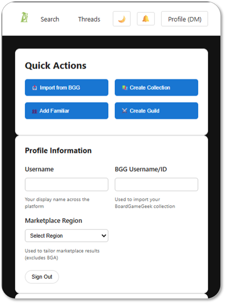 Digital board game collection interface showing organized game library
