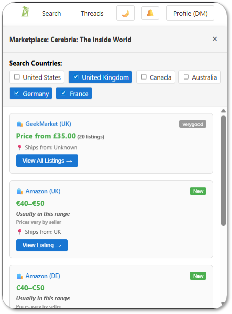 Marketplace interface showing prices for new and used games