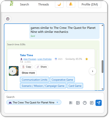 Similar games search results showing related board games