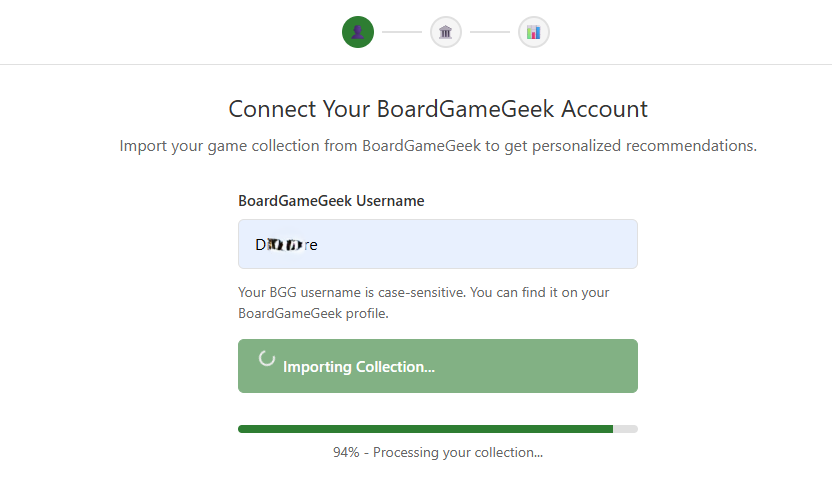 BoardGameGeek collection import screen pulling ratings, plays, and wishlist into Pista