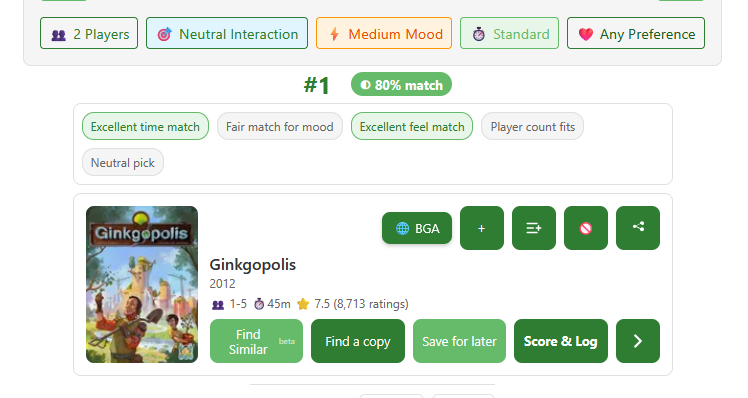 Jet Set Go: selecting mood, player count, and time to get an instant board game recommendation
