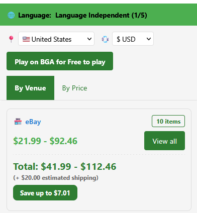 Marketplace results comparing prices for a board game from new, used, and online sources