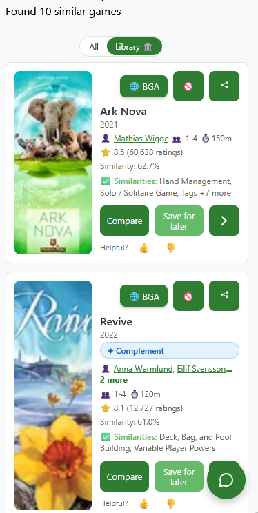 Similarity search results showing board games that feel like a loved title across theme, mechanics, and weight